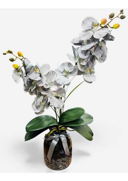 Cam Vazoda Gri Orkide Yapay Çiçek Aranjmanı (12X60 Cm) Modern Dekoratif Masaüstü