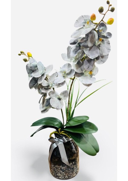 Cam Vazoda Gri Orkide Yapay Çiçek Aranjmanı (12X60 Cm) Modern Dekoratif Masaüstü modelleri
