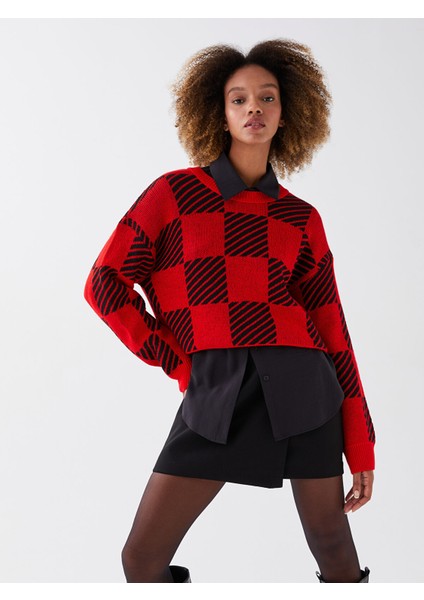 Yeni Sezon Bisiklet Yaka Desenli Uzun Kollu Kadın Oversize Triko Kazak