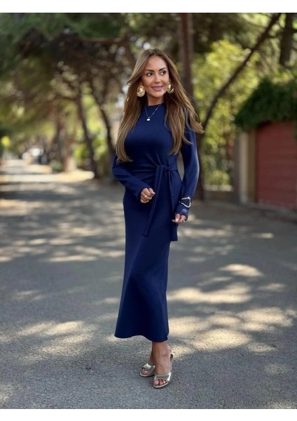 Kadın Uzun Kollu Bisiklet Yaka Yandan Bağlamalı Uzun Modal Elbise