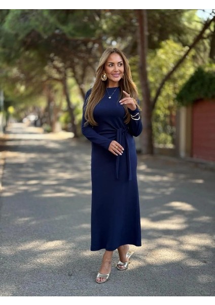 Kadın Uzun Kollu Bisiklet Yaka Yandan Bağlamalı Uzun Modal Elbise modelleri