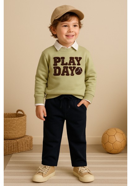 Erkek Bebek&çocuk Play Day %100 Pamuk Gömlek Sweatshirt Pantolon 3'lü Takım Elbise Bayram