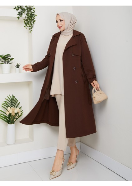 Kadın Kahverengi Kuşaklı ve Fermuar Detaylı Trençkot