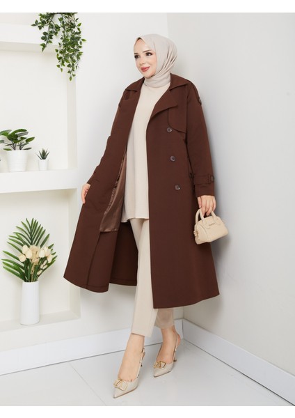 Kadın Kahverengi Kuşaklı ve Fermuar Detaylı Trençkot indirimleri