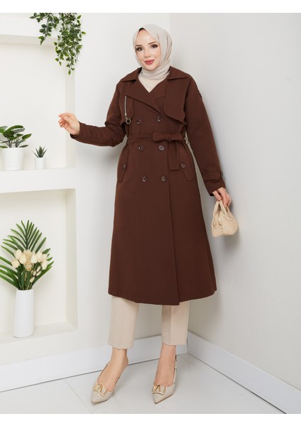 Kadın Kahverengi Kuşaklı ve Fermuar Detaylı Trençkot