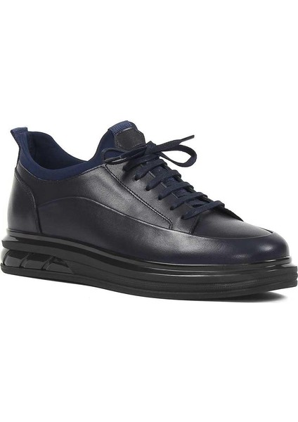Erkek Lacivert Bağcıklı Kalın Tabanlı Deri Sneaker modelleri