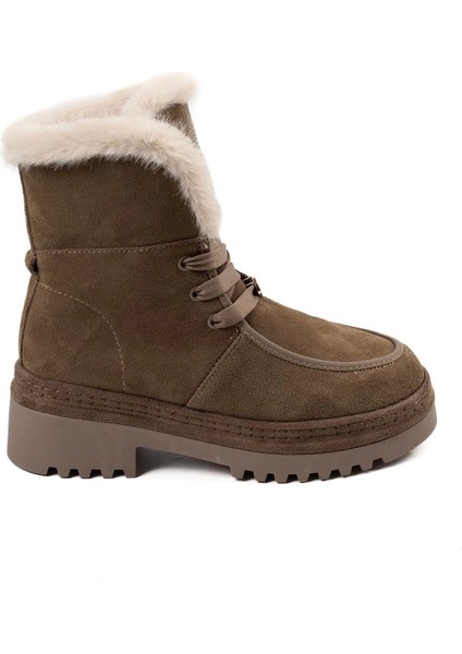 25K433 Kadın Hakiki Deri Içi Kürklü Bağcıklı Bot Haki Süet