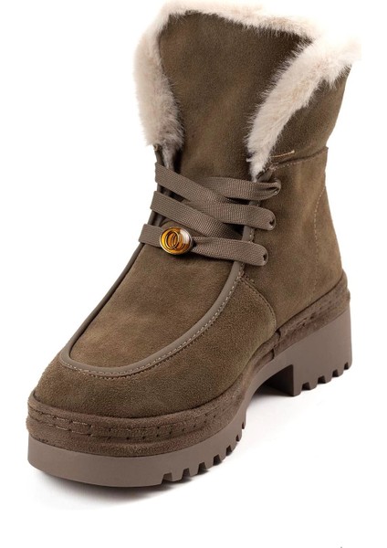 25K433 Kadın Hakiki Deri Içi Kürklü Bağcıklı Bot Haki Süet modelleri