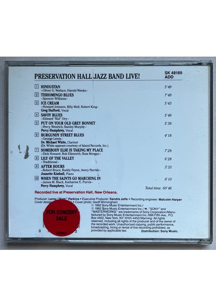 Preservation Hall Jazz Band Live CD (Orjnal 1992 Dönem Baskı Cd) fiyatları