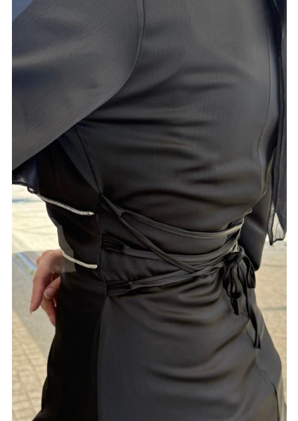 Manşeti ve Bel Taş Işlemeli Saten Abiye modelleri