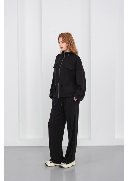 Siyah Kadın Boydan Fermuarlı Dik Yakalı Premium Modal Alt-Üst Takım fırsatları