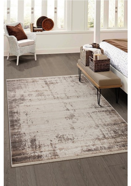 Glory Vl Saçaklı Modern Dokuma Halı Oturma Odası Salon Mutfak Halısı Krem Kahve T3B