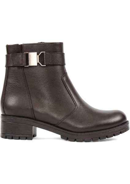 Kadın Kahverengi Fermuarlı Kalın Topuklu Deri Bot