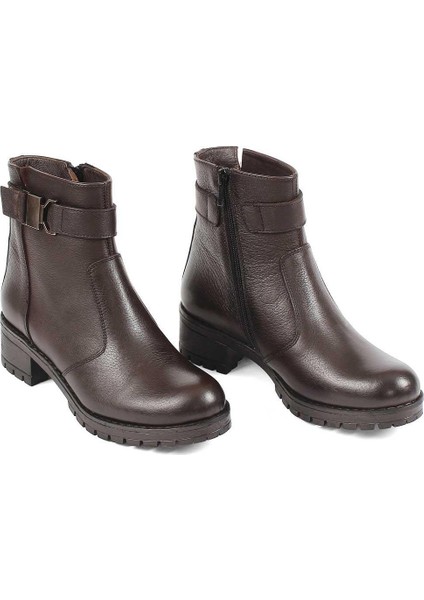 Kadın Kahverengi Fermuarlı Kalın Topuklu Deri Bot