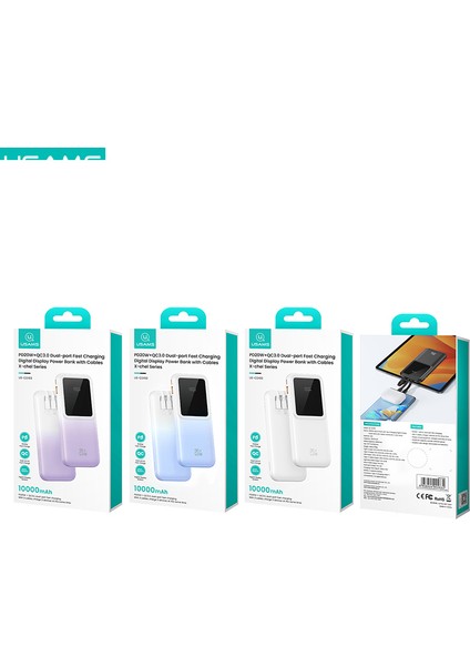 CD193 10000 Mah Powerbank | Pd 20W + Qc3.0 Hızlı Şarj | 3 Dahili Kablolu | 3 Çıkışlı | Dijital Ekranlı Taşınabilir Şarj Cihazı