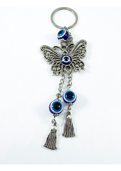 Özel Tasarım Nazarlı Metal Kelebek Salkım Zincir Anahtarlık, Püsküllü Hediyelik Anahtarlık