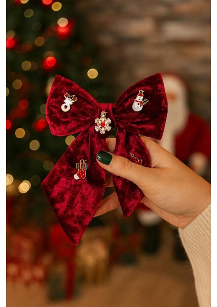 Yılbaşı Figürleri Charm Süslü Kadife Fiyonk Toka