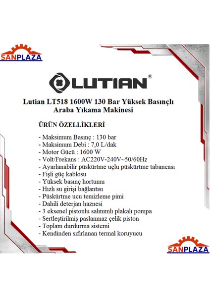 Lutian LT518 1600W 130 Bar Yüksek Basınçlı Araba Yıkama Makinesi modelleri
