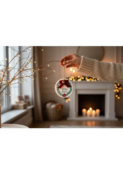 2026 El Yapımı Seramik Yılbaşı Ağacı Süsü – Kadife Kurdele ve Çan Detaylı