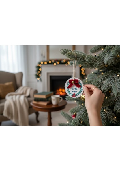 2026 El Yapımı Seramik Yılbaşı Ağacı Süsü – Kadife Kurdele ve Çan Detaylı