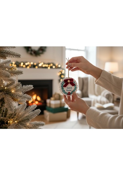 2026 El Yapımı Seramik Yılbaşı Ağacı Süsü – Kadife Kurdele ve Çan Detaylı