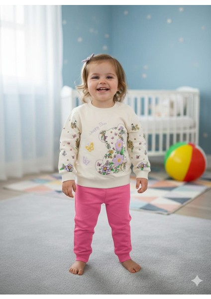 Kız Çocuk Çiçekli Ayı Baskılı 2li Takım