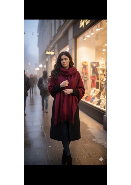 Kadın Bordo Püsküllü Geniş Omuz Şal-Atkı