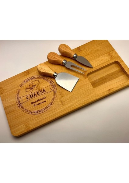 Özel Bambu 3 Bıçaklı Dekoratif Peynir Sunum Tahtası Kahvaltı Seti