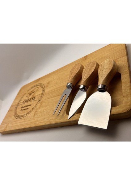Özel Bambu 3 Bıçaklı Dekoratif Peynir Sunum Tahtası Kahvaltı Seti modelleri