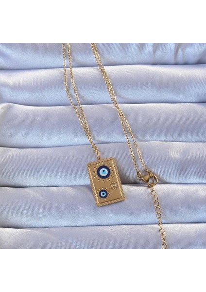 316L Altın Renk Işlemeli Nazarlı Vintage Kolye