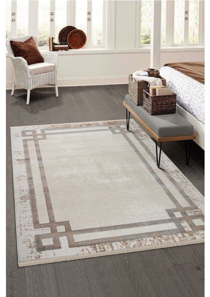 Glory Vl Saçaklı Modern Dokuma Halı Oturma Odası Salon Mutfak Halısı Krem Gold T1A