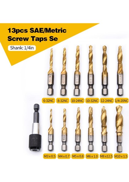 13 Parça Titanyum Kombine Kılavuz Ucu Seti Diş Açma Delme Için Kılavuz Çekme ve Uç Seti