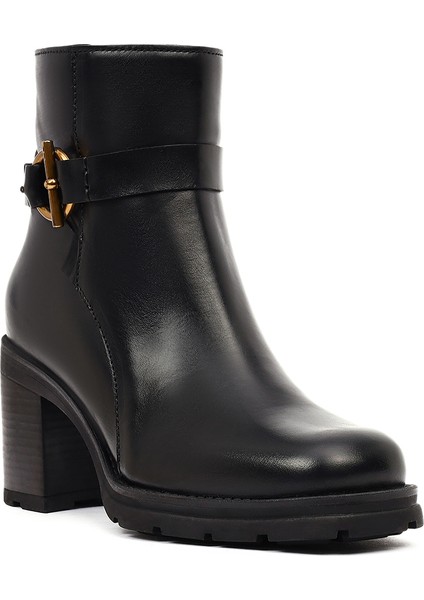 Kadın Siyah Fermuarlı Kalın Topuklu Deri Bot 25WFD188518