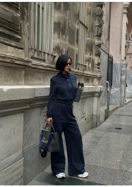 Pamuk Kumaş Fermuarlı Bağcıklı Kaliteli Crop Sweat Takım