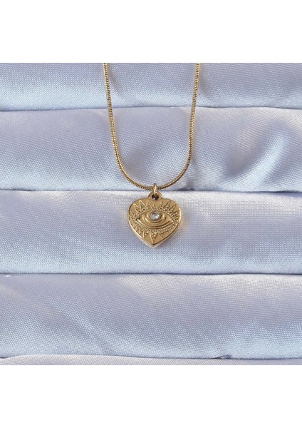 316L Altın Renk Zirkon Taşlı Işlemeli Göz Detay Kalp Kolye