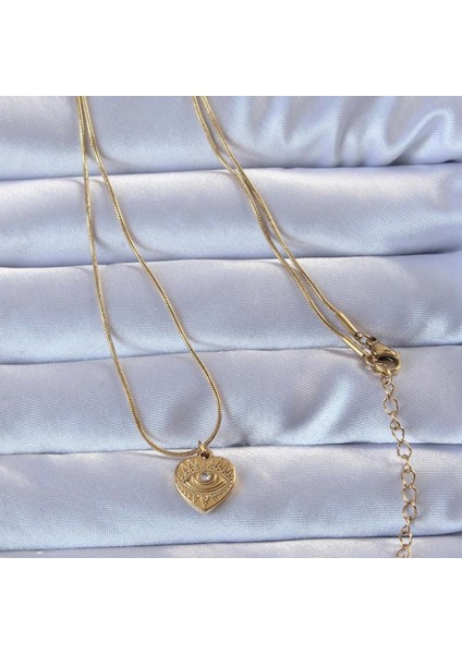 316L Altın Renk Zirkon Taşlı Işlemeli Göz Detay Kalp Kolye fiyatları
