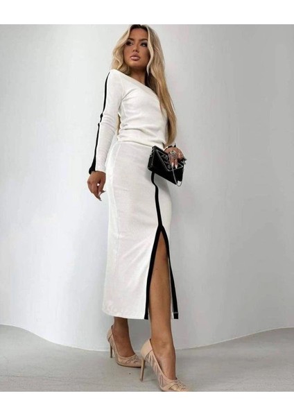 Mdb Kadın Uzun Kollu Bisiklet Yaka Kaşkorse Bluz ve Yırtmaçlı Etek Ikili Takım