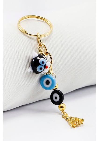 El Yapımı Cam Nazar Boncuklu Sevimli Kedicikli Anahtarlık, Hediyelik Anahtarlık