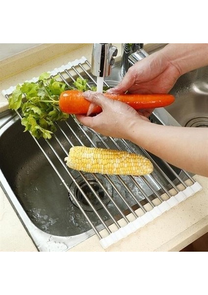 ® Evye Üstü Katlanır Nihale Paslanmaz Çelik Pratik Sebze Meyve Bulaşık Kurutma Süzgeci