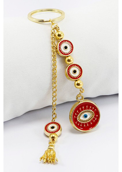 El Yapımı Kırmızı Çerçeveli Göz Figürlü Salkım Anahtarlık, Hediyelik Çanta Süsü