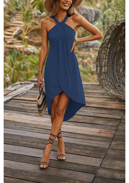 Kadın Omuzlardan Açık Boyundan Geçmeli Asimetrik Kesim Detaylı Viskon Elbise modelleri