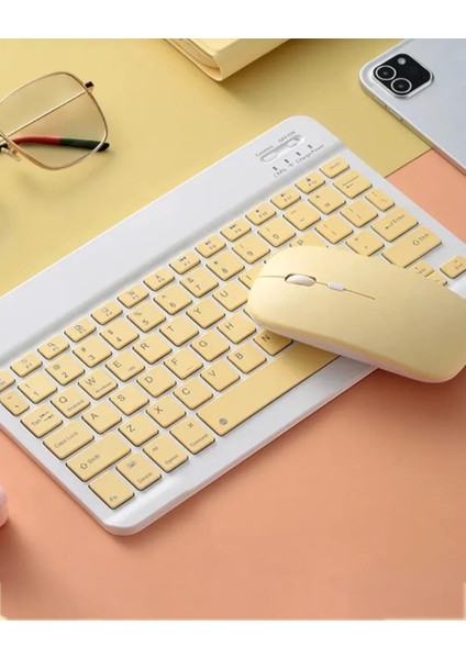 Ipad Samsung Huawei Tablet Laptop Pc Uyumlu Renkli Bluetooth Bağlantılı Klavye+Mouse Set