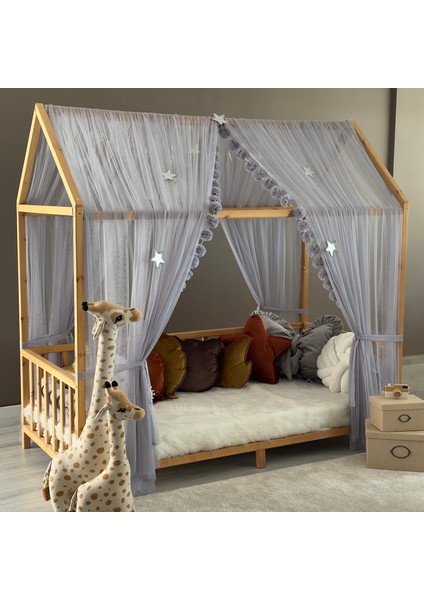 Gri Çift Perdeli Montessori Yatak Cibinliği