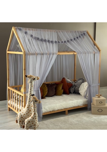 Gri Çift Perdeli Montessori Yatak Cibinliği