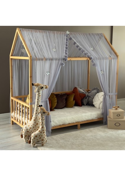 Gri Çift Perdeli Montessori Yatak Cibinliği