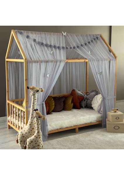 Gri Çift Perdeli Montessori Yatak Cibinliği