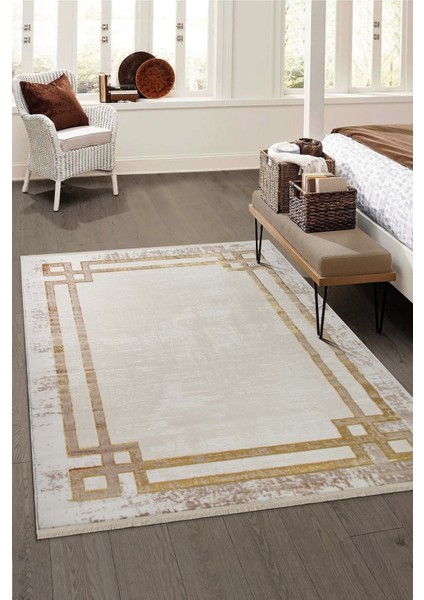 Glory Vl Saçaklı Modern Dokuma Halı Oturma Odası Salon Mutfak Halısı Krem Gold T1A