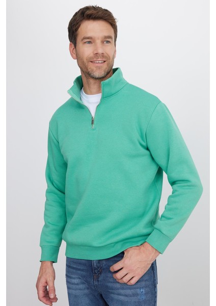 Unisex Relax Fit Rahat Kesim Pamuklu Içi Polarlı Yarım Fermuarlı Yeşil Dik Yaka Sweatshirt