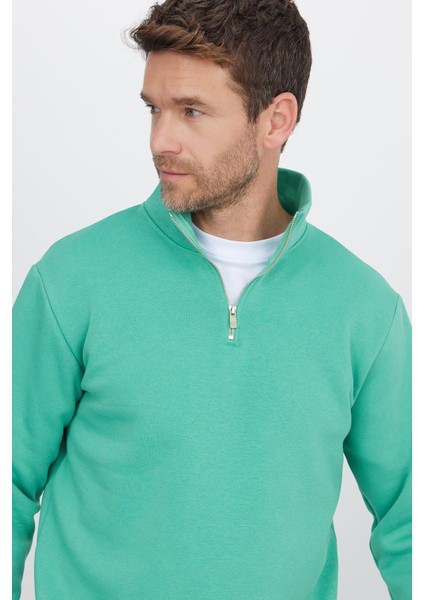 Unisex Relax Fit Rahat Kesim Pamuklu Içi Polarlı Yarım Fermuarlı Yeşil Dik Yaka Sweatshirt fiyatları