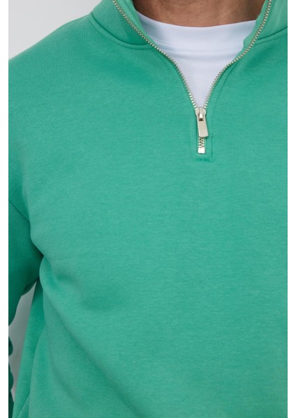 Unisex Relax Fit Rahat Kesim Pamuklu Içi Polarlı Yarım Fermuarlı Yeşil Dik Yaka Sweatshirt modelleri